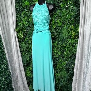 Va Va Voom Dress MediumTurquoise Halter Rhinestone Accent Knot Waist Maxi ‎ 3576